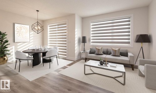 Open-concept living space featuring wood-finish flooring, recessed lighting, and large windows with horizontal blinds - 2635 Donaghey Crescent, Edmonton, AB 