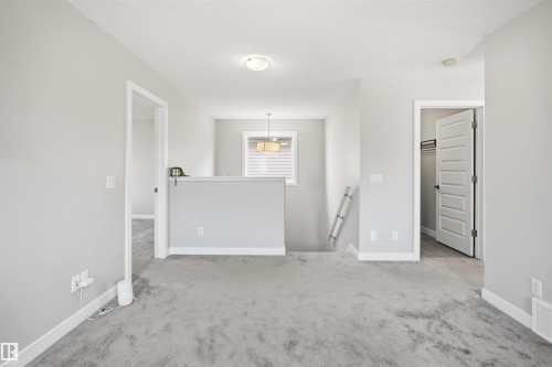 Carpeted loft area with light gray walls, white trim, and a white interior door with dark hardware - 1234 Daniels Crescent, Edmonton, AB - Indoor Photo Showing Other Room