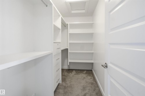 Walk-in closet with ample white built-in shelving, integrated drawers, hanging rods, and soft gray carpeting - 1234 Daniels Crescent, Edmonton, AB - Indoor With Storage