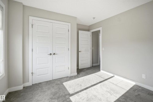 Light gray wall paint with white trim, gray carpet, and two white panel doors with brushed nickel hardware - 1234 Daniels Crescent, Edmonton, AB - Indoor Photo Showing Other Room