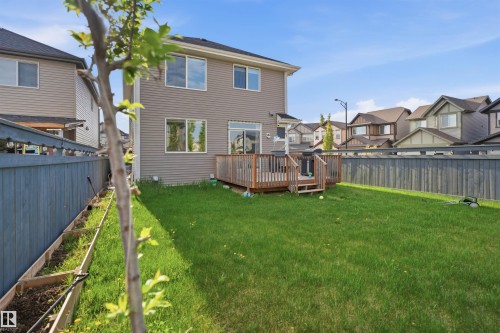 Expansive backyard featuring a manicured lawn, a wooden deck with railing, and a private perimeter fence - 1234 Daniels Crescent, Edmonton, AB - Outdoor With Deck Patio Veranda