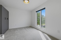 Bright room featuring a large window, light gray carpeting, and a built-in dark gray wardrobe with matte black hardware - 