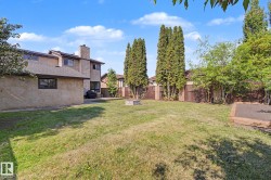 Expansive backyard featuring a large grass area, mature evergreen trees, and a raised garden bed - 