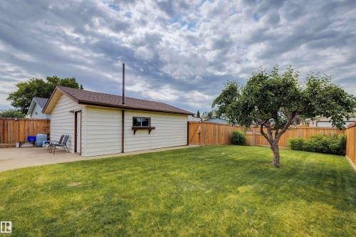 Spacious backyard featuring a detached garage with vinyl siding, a well-maintained lawn, a mature tree, and a wood privacy fence - 9315 168 Avenue Nw, Edmonton, AB 