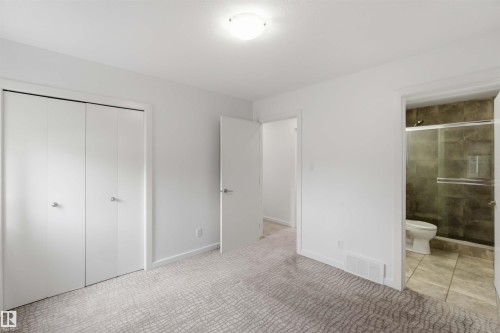 Light-colored patterned carpeting and white walls in a room featuring bi-fold closet doors, a recessed ceiling light, and an entry to a bathroom with a glass-enclosed shower and tiled floor - 1 14315 Stony Plain, Edmonton, AB 