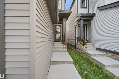 Entryway featuring a dark wood-finish door with frosted glass paneling, concrete steps, and a sheltered porch - 2508 193 Street, Edmonton, AB 