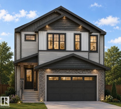 Contemporary multi-story residence featuring a dark gray garage door, stacked stone facade accents, light gray siding, dark gray horizontal shingles, and black-framed windows - 6380 17St Ne, Rural Leduc County, AB 