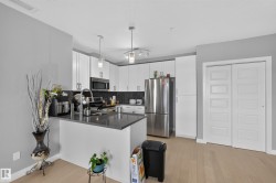 Modern kitchen featuring white cabinetry, stainless steel appliances, a dark countertop, a dark patterned backsplash, and wood-finish flooring - 