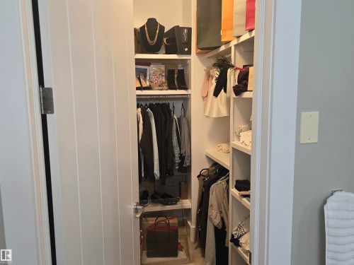 Walk-in closet featuring built-in shelving, hanging rods, and carpet flooring - 1019 175 Street, Edmonton, AB 