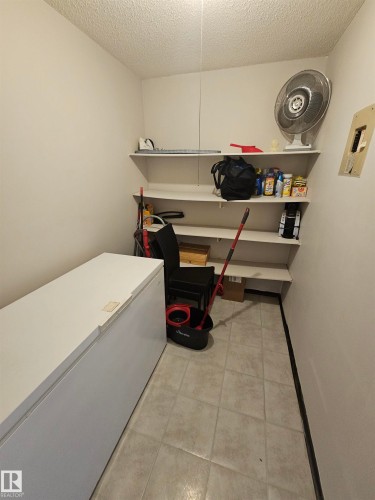 Utility area featuring a chest freezer, built-in shelving, and tiled flooring - 10838 108 Street Nw, Edmonton, AB 