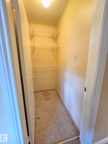 Recessed closet featuring carpeted flooring and built-in wire shelving - 9616 63 Avenue, Edmonton, AB 