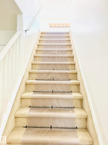 Carpeted staircase with light-colored carpeting, featuring a white painted handrail and balusters - 3120 25 Avenue, Edmonton, AB 
