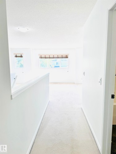 Carpeted hallway with white walls and trim, leading to a bright interior space featuring multiple windows - 3120 25 Avenue, Edmonton, AB 