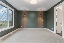 Generous room with light gray carpeting, deep green walls, and decorative wood slat wall features - 