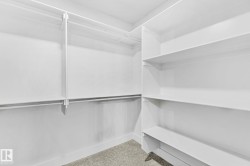 Walk-in closet featuring white built-in shelving, multiple hanging rods, and light gray carpeting - 