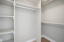 Walk-in closet featuring multiple shelving units, hanging rods, light gray walls, white trim, and a carpeted floor - 
