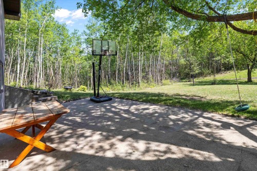 Expansive concrete patio with a lush green lawn and mature trees - 53257 Rge Road 211, Rural Strathcona County, AB - Outdoor