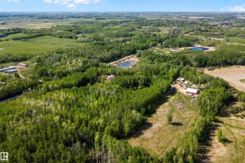 Expansive treed acreage featuring multiple buildings and two visible ponds - 53257 Rge Road 211, Rural Strathcona County, AB - Outdoor With View