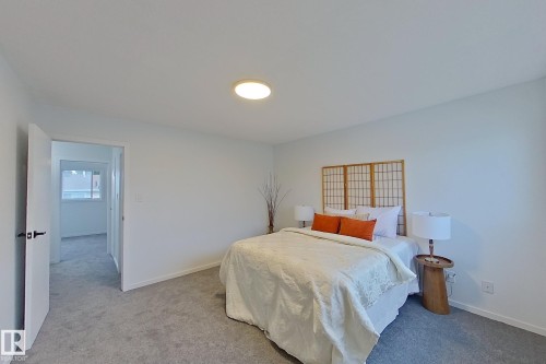 Light gray carpeting complements bright white walls and a white ceiling with a flush-mount overhead light fixture - 209 Dickinsfield Court Nw, Edmonton, AB 