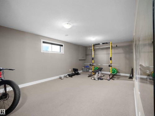 Carpeted room with neutral paint, white baseboards, a window, and recessed cabinetry - 4021 158 Avenue Nw, Edmonton, AB - Indoor Photo Showing Gym Room