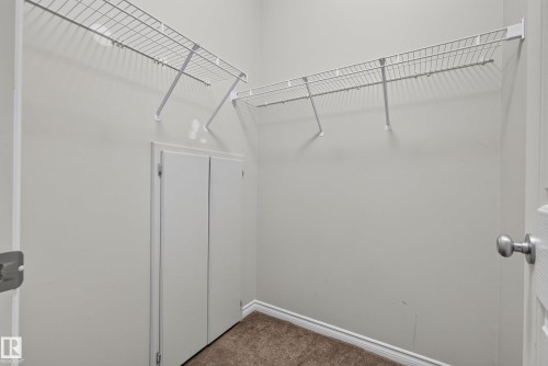 Walk-in closet featuring wire shelving, white painted walls, and textured carpet flooring - #113 3010 33 Av Nw, Edmonton, AB 