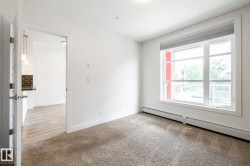 Light-filled room featuring a large window with roller shade, neutral plush carpeting, and white baseboards - 