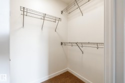 Walk-in closet with white walls and light brown carpet flooring - 