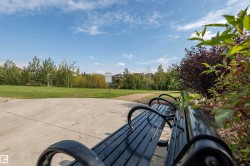 Paved pathway with a black slatted park bench - 