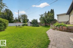 Expansive backyard featuring a lush lawn, a white picket fence, mature trees, and a storage shed - 