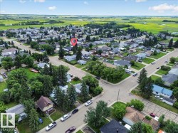 Aerial perspective showcasing a residential neighborhood with established trees, paved streets, and a mix of single-story homes - 