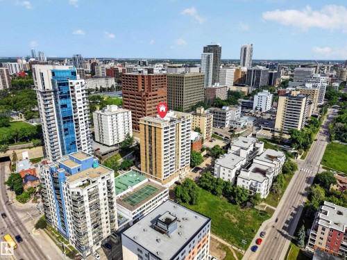 Aerial perspective showcasing a dense urban environment with a variety of architectural styles - #602 9725 106 St Nw, Edmonton, AB 