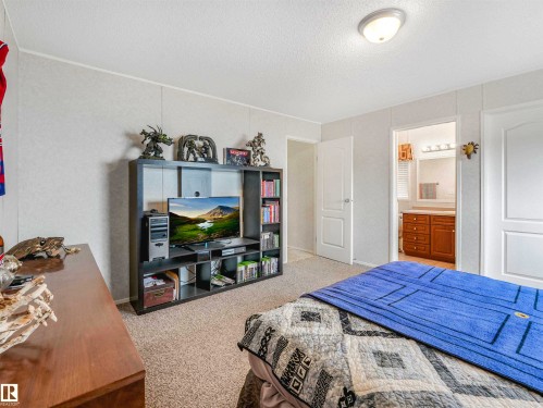 Carpeted room featuring light-toned walls, a flush-mount ceiling light, and white paneled doors - 57016 Range Road 13, Rural Barrhead County, AB - Indoor Photo Showing Bedroom