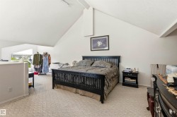Spacious lofted room featuring vaulted ceilings, track lighting, light-toned patterned carpeting, and an angular window opening - 
