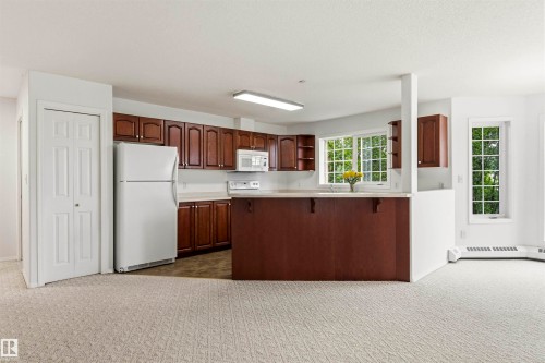 Open-concept kitchen with wood-finish cabinetry, light-toned countertops, and an integrated kitchen island - #201 14 Mission Av, St. Albert, AB - Indoor Photo Showing Kitchen