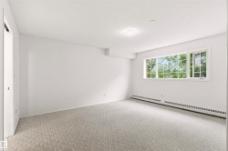 Carpeted room with a multi-pane window, baseboard heating, ceiling-mounted light fixture, and white wall finishes - 