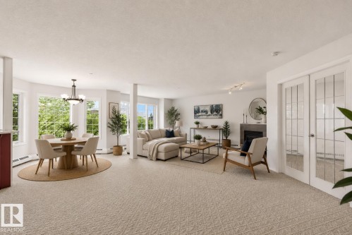 Spacious open-concept living area featuring a dining space with multiple windows, a living room with a fireplace, and French doors with glass panes - #201 14 Mission Av, St. Albert, AB - Indoor Photo Showing Living Room