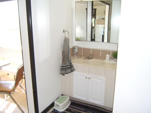Bathroom vanity featuring an integrated sink, dual-door white cabinetry, and a mirrored medicine cabinet - 543016 Rng Rd 122, Rural Two Hills County, AB - Indoor Photo Showing Bathroom