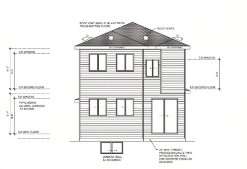 Architectural Drawing, Elevation View. Illustrating exterior dimensions and material specifications for the property - 3604 44 Avenue, Beaumont, AB - Other