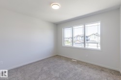 Bright room featuring a large multi-pane window, neutral gray carpeting, white baseboards, and a flush-mount ceiling light - 