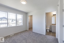 Spacious room featuring broad windows with grid patterns, light gray carpeting, and a flush-mounted ceiling light - 
