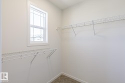 Walk-in closet featuring a double-hung window, white trim, wire shelving, and carpet flooring - 