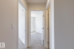 Interior hallway featuring light grey wall paint, white trim, and light grey carpet - 