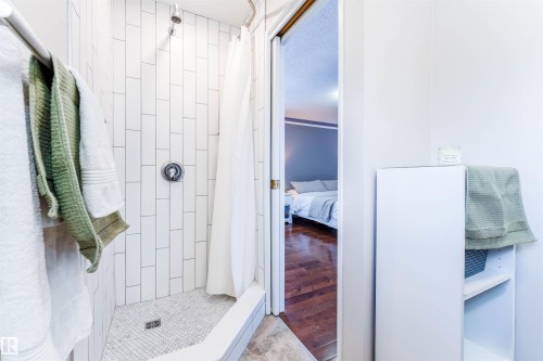 Shower with white subway tile surround and mosaic tile flooring - 5212 142 Street Nw, Edmonton, AB - Indoor Photo Showing Bathroom