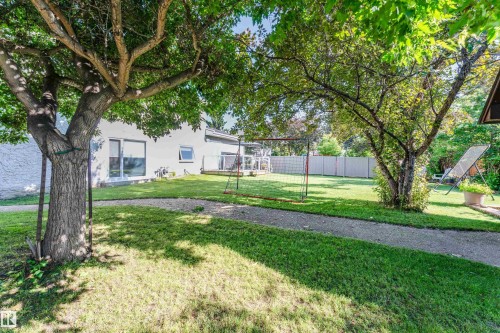 Expansive rear yard featuring mature trees, a manicured lawn, and a gravel pathway - 5212 142 Street Nw, Edmonton, AB - Outdoor