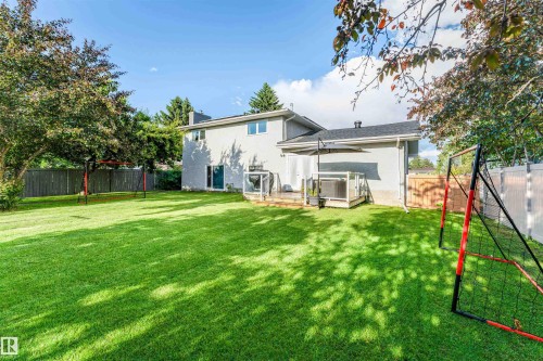 Expansive grassy yard featuring perimeter fencing, mature trees, and a wooden deck with glass railings - 5212 142 Street Nw, Edmonton, AB - Outdoor