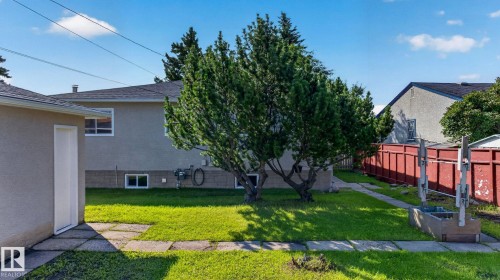 Expansive green space featuring two mature trees, a detached garage, and a red perimeter fence - 16152 110B Avenue Nw, Edmonton, AB - Outdoor