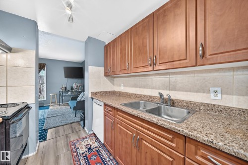 Kitchen featuring wood-finish cabinetry, speckled countertop, and a dual basin stainless steel sink - 243 Abbotsfield Road Nw, Edmonton, AB - Indoor Photo Showing Kitchen With Double Sink