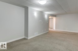 Spacious room featuring neutral carpeting, light gray wall paint, and white trim - 