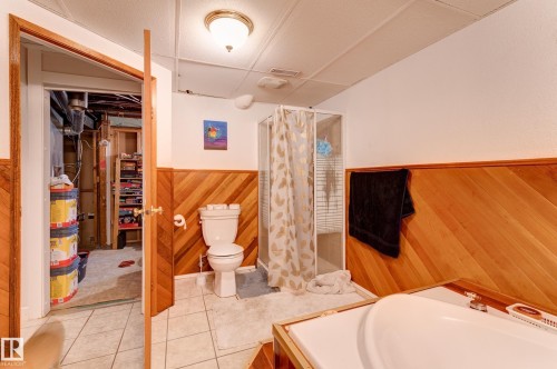 Bathroom featuring wood-paneled walls, white wall paint, and a drop ceiling - 13211 77 Street Nw, Edmonton, AB - Indoor Photo Showing Bathroom