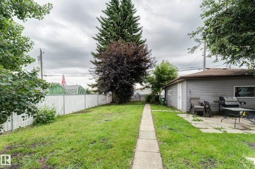 Expansive backyard featuring a concrete paver pathway, mature evergreen trees, and a detached structure with siding - 13211 77 Street Nw, Edmonton, AB - Outdoor